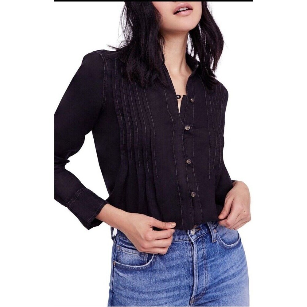 Free People Breezy Morning Relaxed Shirt S Black Button Down Casual Boho Chic